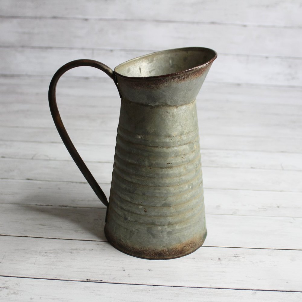 Vintage Galvanized Pitcher Farmhouse Home Decor Metal Tin Handle